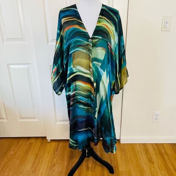 Johnny Was x Biya Silk Blend Oversize Button Up Shirt Tunic Dress Cover-up Size - Picture 3 of 11
